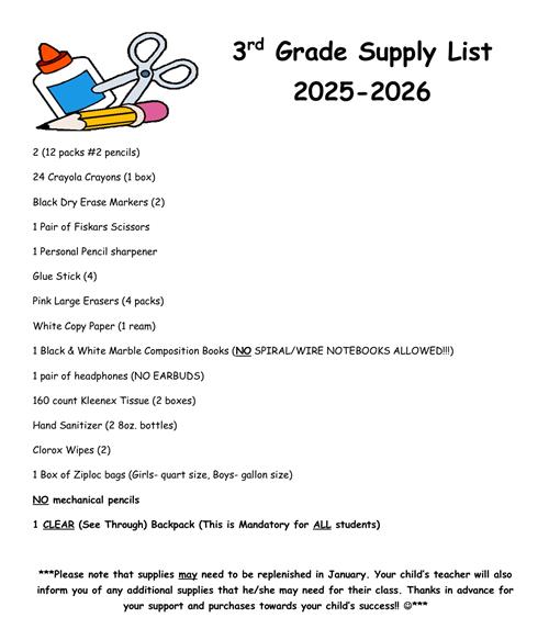 3rd Grade Supply List 2025-2026